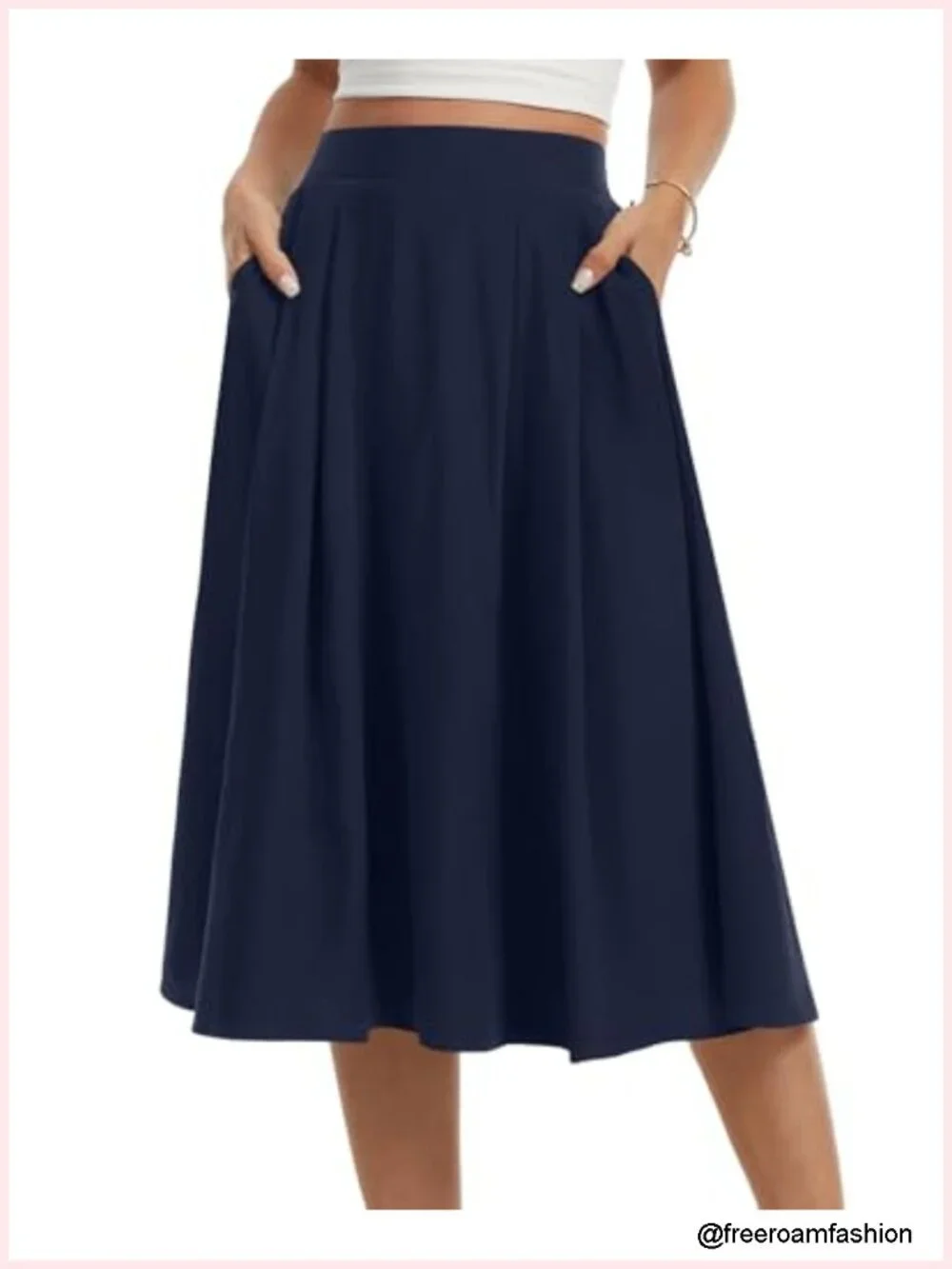 Midi Flowy A-Line Skirt with Pockets Elastic Waist High Waisted Below Knee